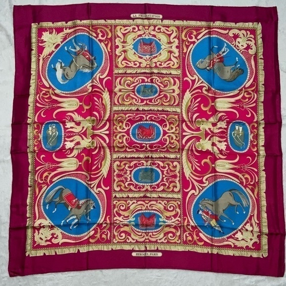 Hermes 100% Silk Scarf “LA PRESENTATIONS” Purple Knight Carriage Carre 90 - Picture 15 of 15